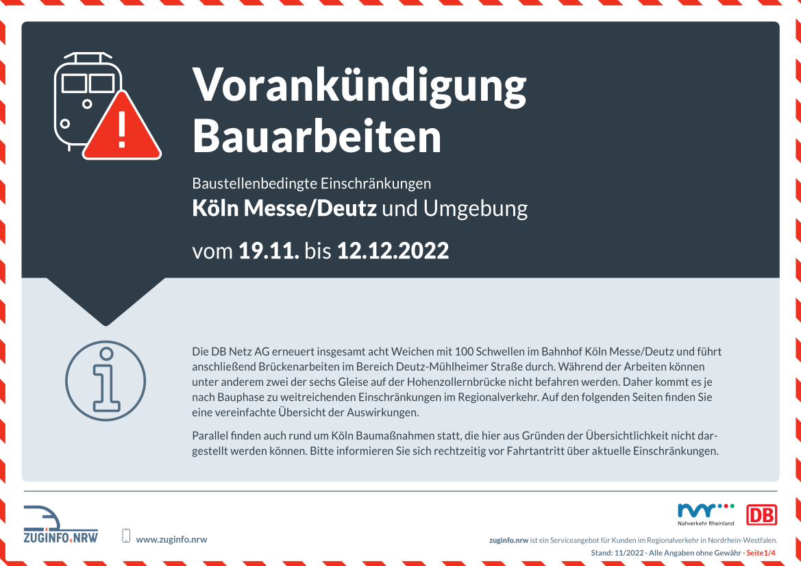 Zugausfälle November und Dezember 2022 Koeln und Leverkusen Vorankündigung // Copyright: Nahverkehr Rheinland